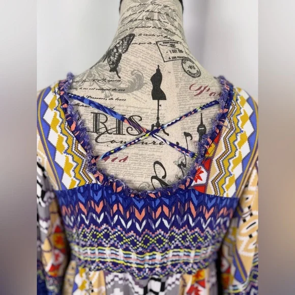 Freeway Vibrant Blue Bohemian Maximalist Fun Flutter Sleeve Tunic Dress size M - Picture 6 of 11